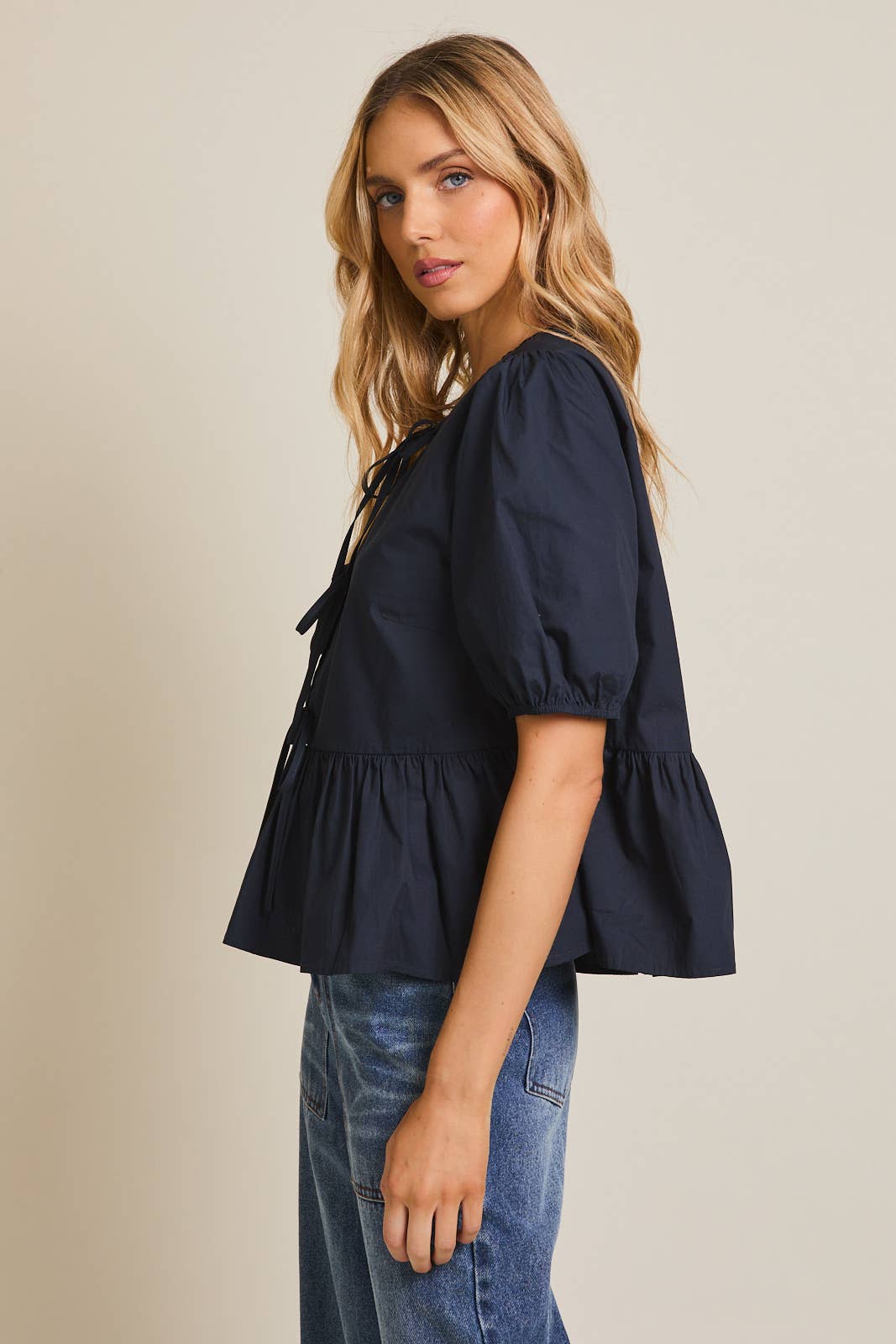 Front Ties Puff Half Sleeve Blouse - Navy