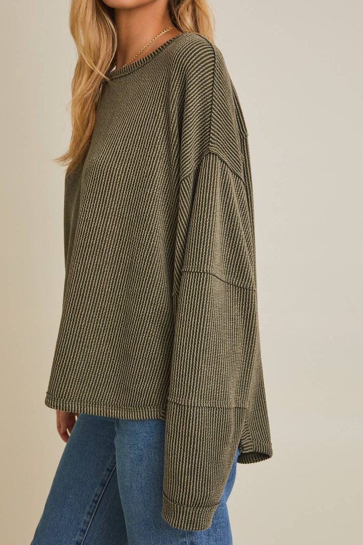 Round Neck Long Sleeve Cut Edge Detail Top