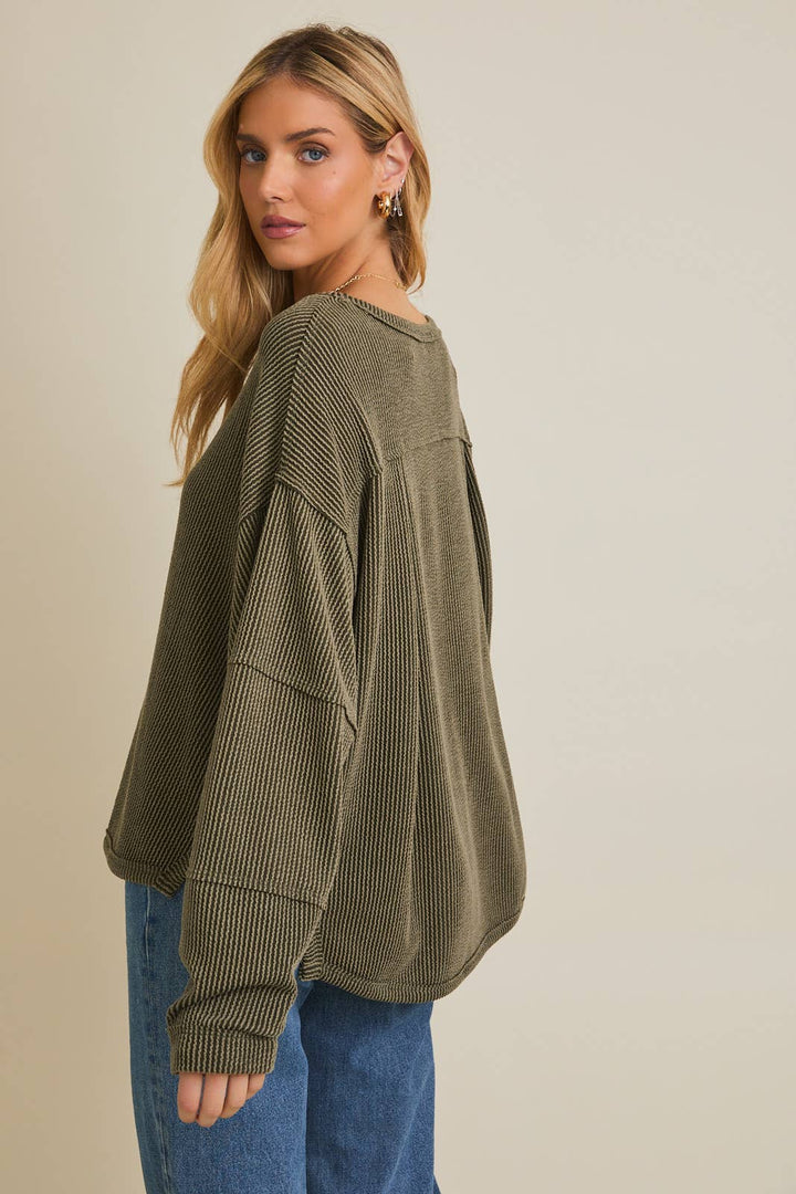 Round Neck Long Sleeve Cut Edge Detail Top