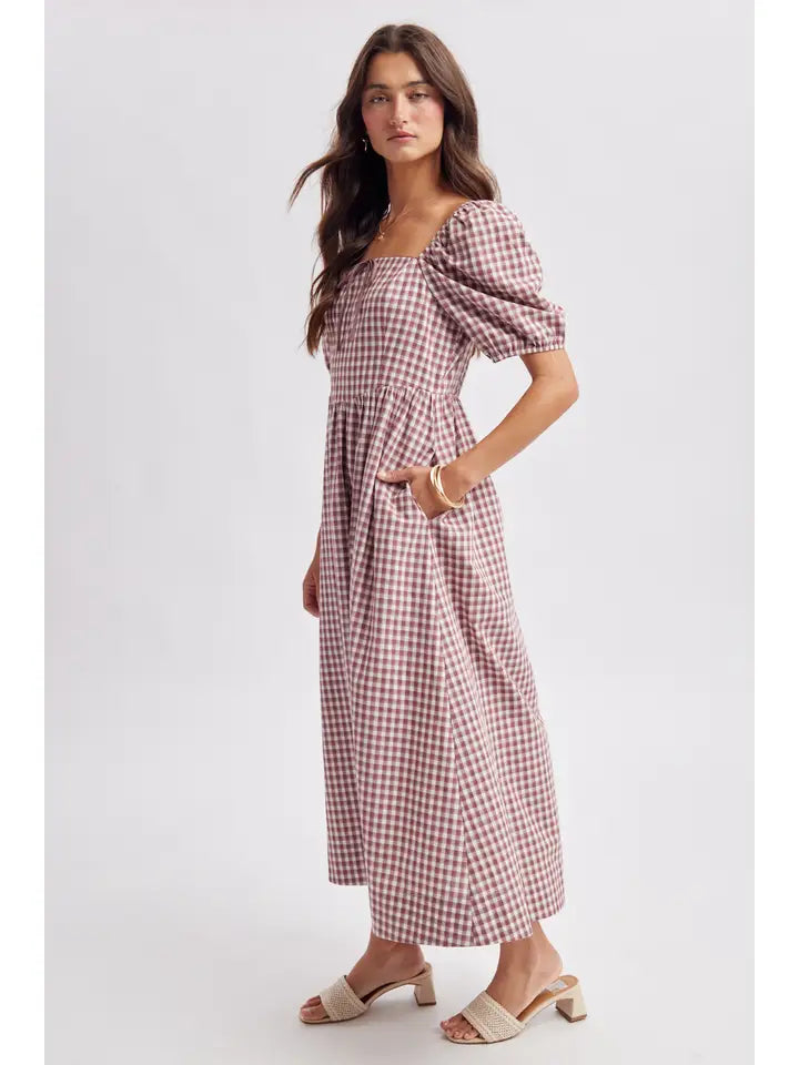 Milly Gingham Puff Sleeve Midi Dress