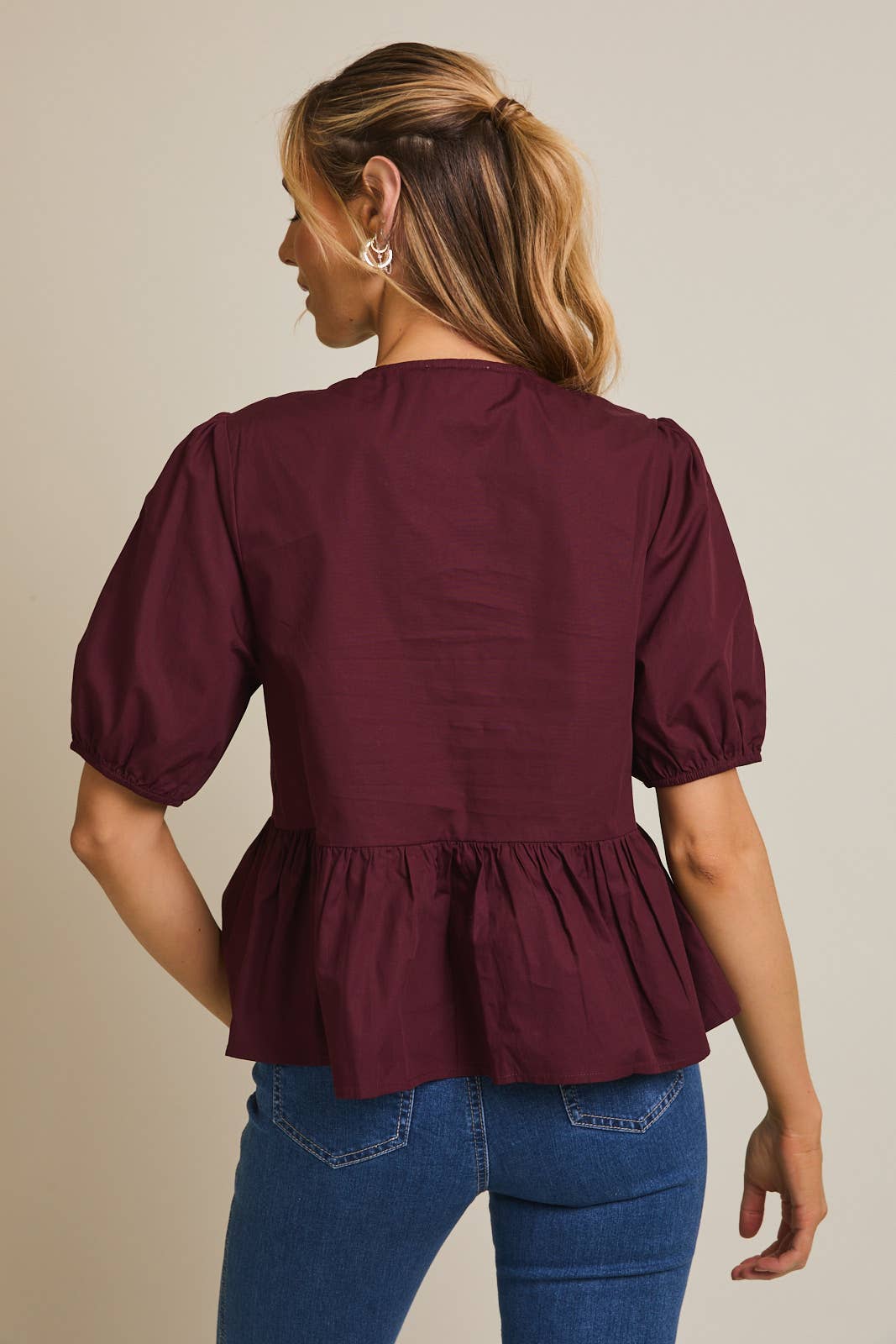Front Ties Puff Half Sleeve Blouse - Wine