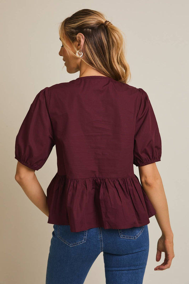 Front Ties Puff Half Sleeve Blouse - Wine