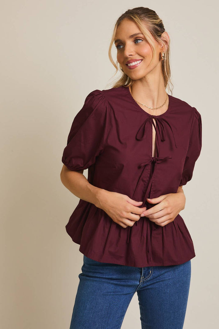 Front Ties Puff Half Sleeve Blouse - Wine