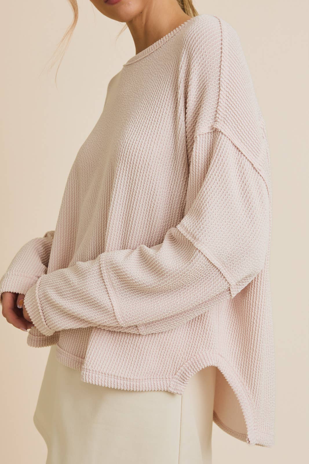 Round Neck Long Sleeve Cut Edge Detail Top