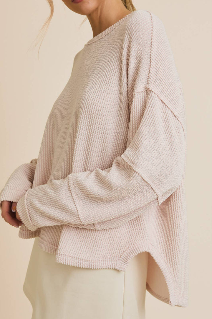 Round Neck Long Sleeve Cut Edge Detail Top