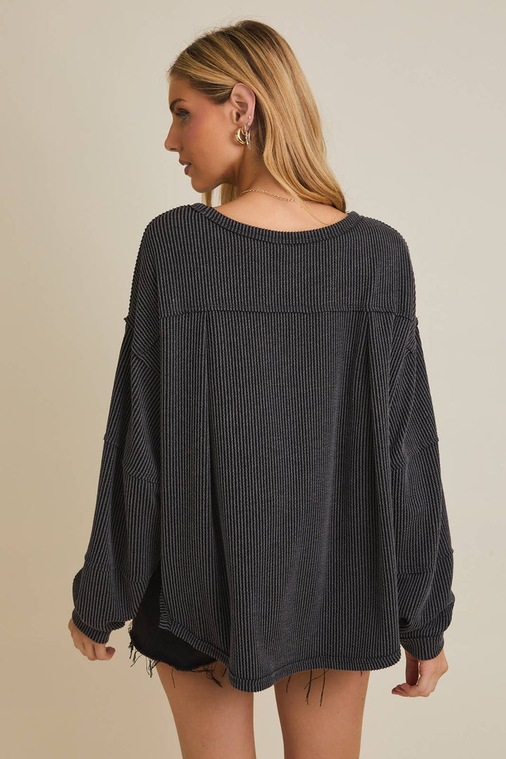 Round Neck Long Sleeve Cut Edge Detail Top