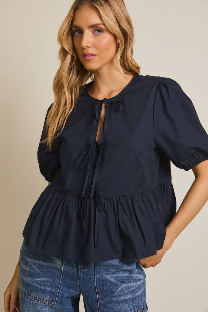 Front Ties Puff Half Sleeve Blouse - Navy