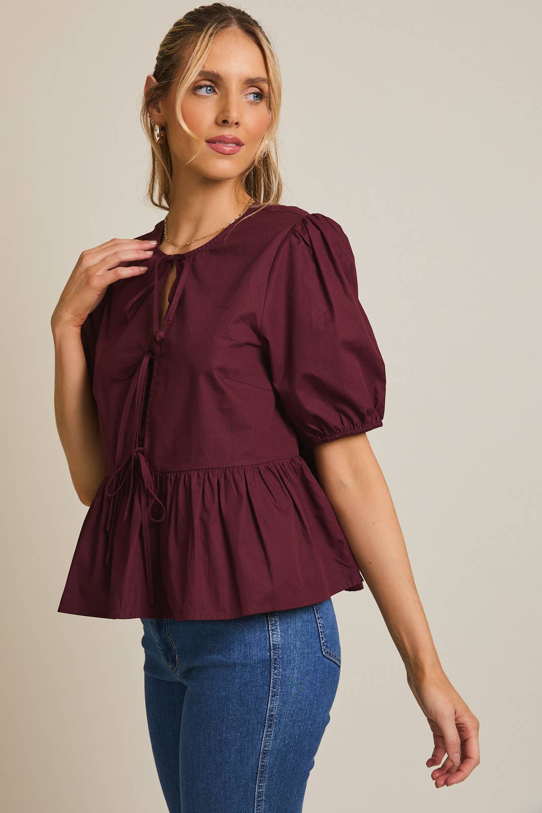 Front Ties Puff Half Sleeve Blouse - Wine