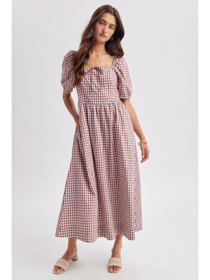 Milly Gingham Puff Sleeve Midi Dress