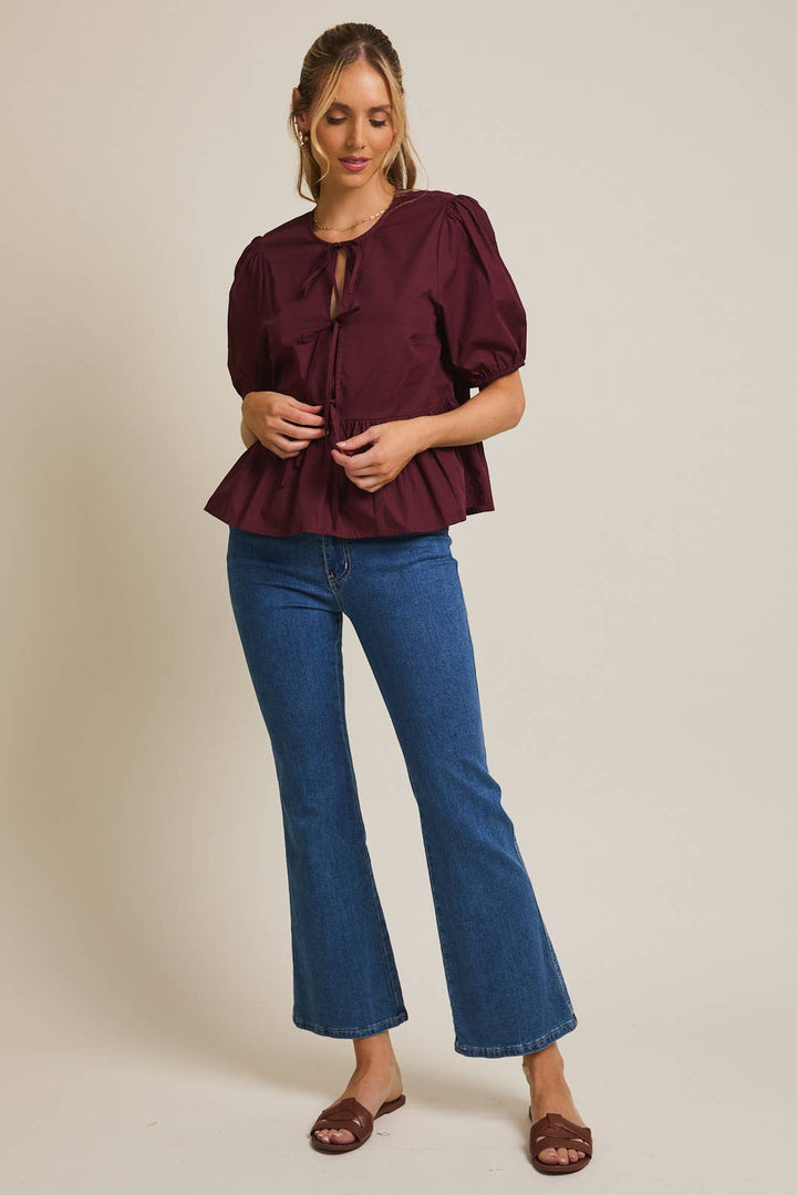 Front Ties Puff Half Sleeve Blouse - Wine