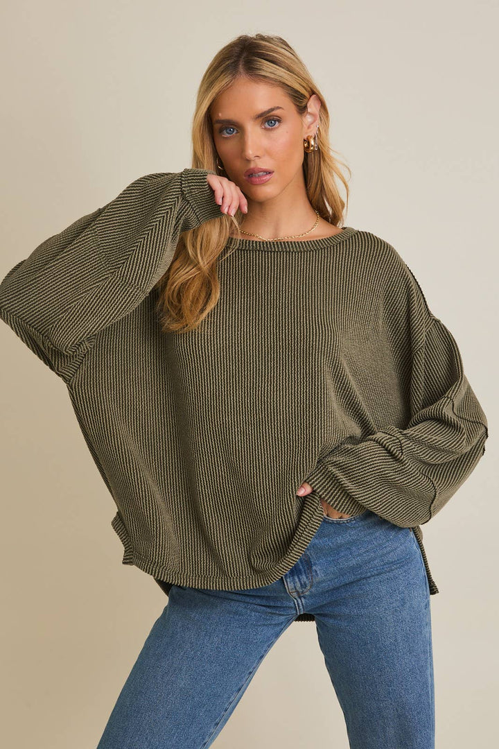 Round Neck Long Sleeve Cut Edge Detail Top