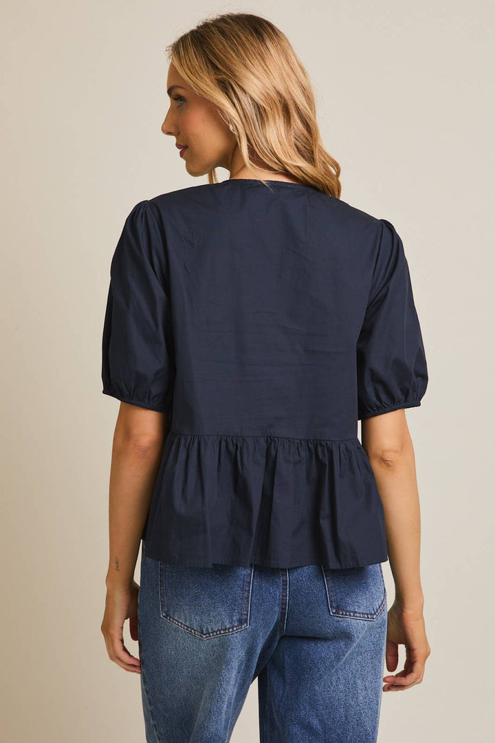 Front Ties Puff Half Sleeve Blouse - Navy
