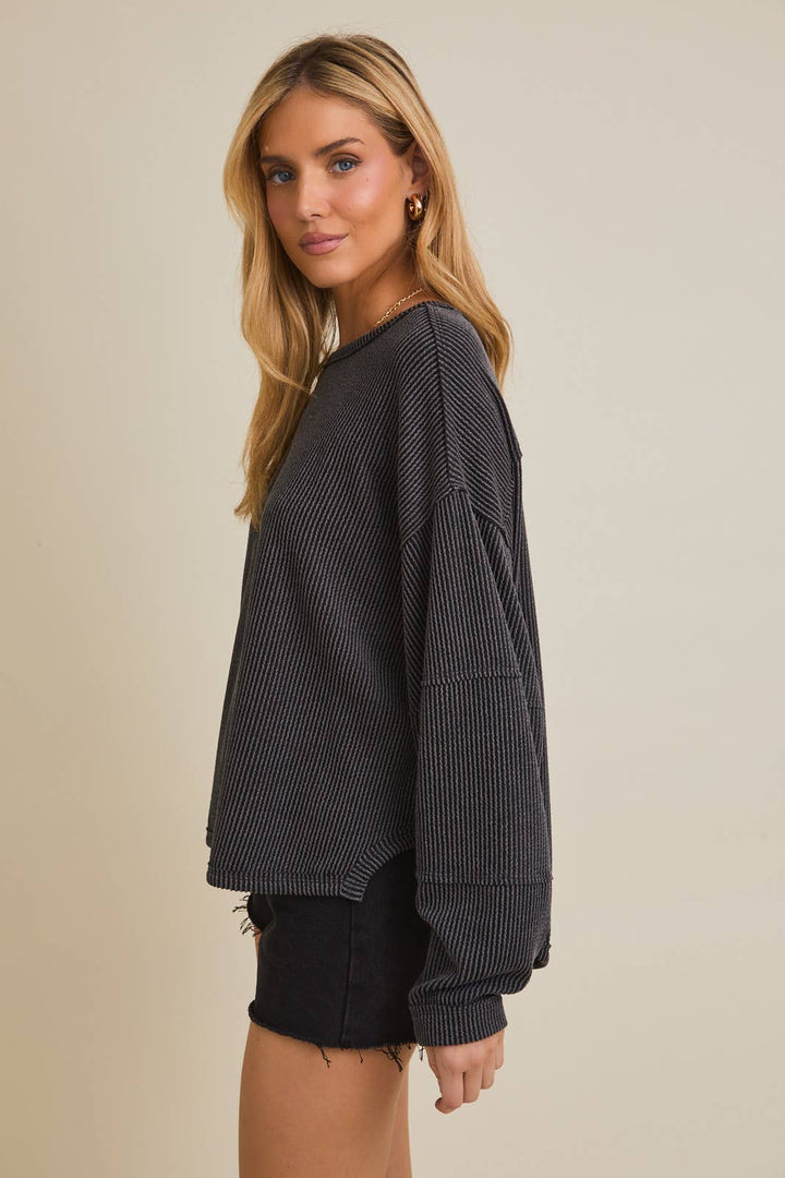 Round Neck Long Sleeve Cut Edge Detail Top