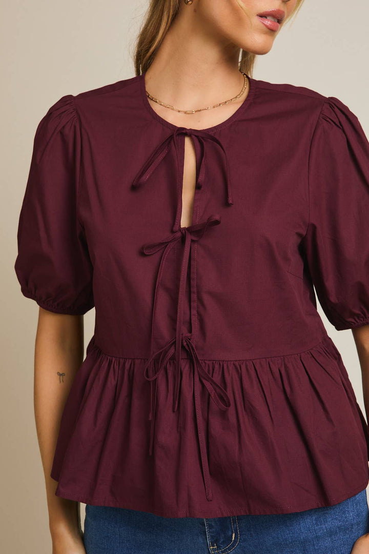 Front Ties Puff Half Sleeve Blouse - Wine