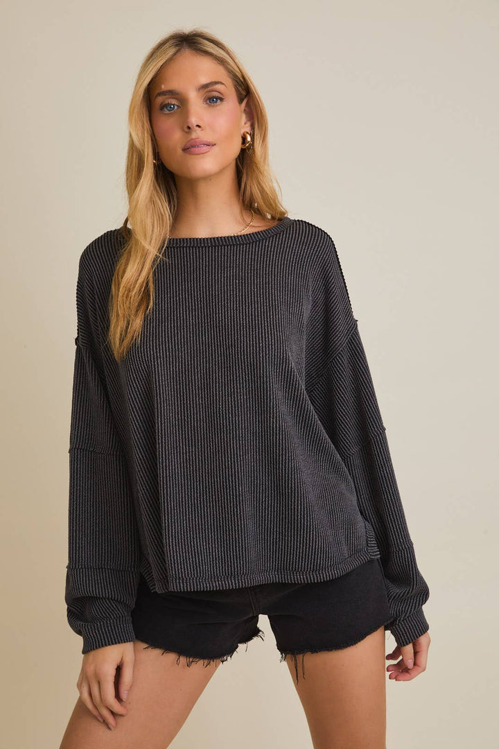 Round Neck Long Sleeve Cut Edge Detail Top