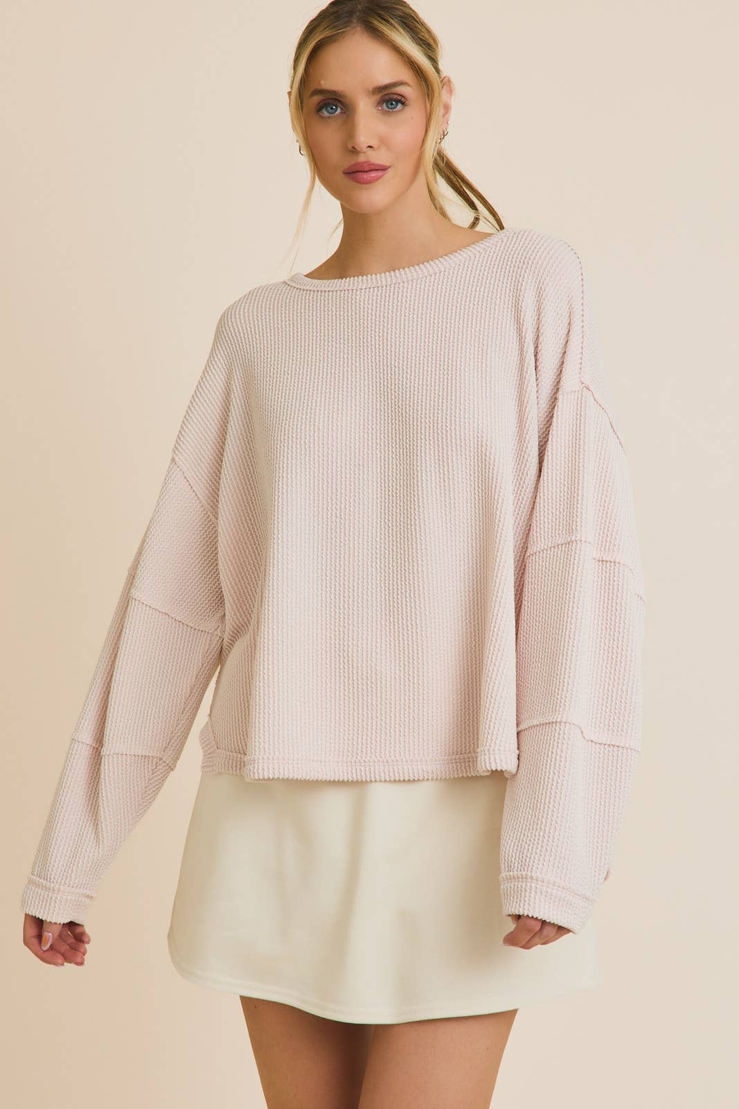 Round Neck Long Sleeve Cut Edge Detail Top
