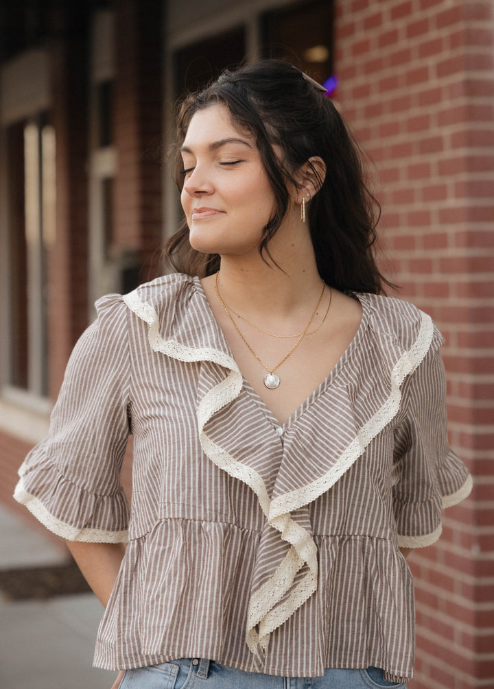 Striped V-Neck Quarter Sleeve Blouse