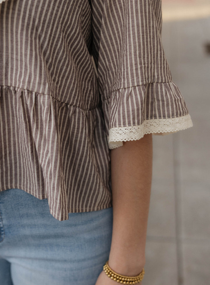 Striped V-Neck Quarter Sleeve Blouse