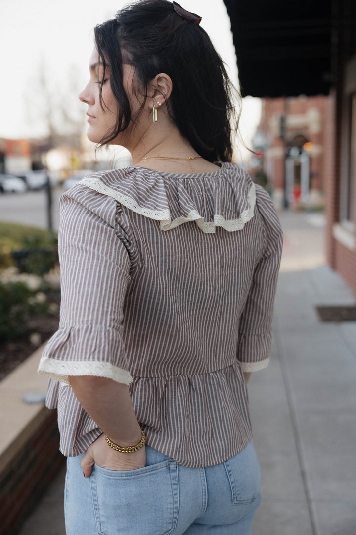 Striped V-Neck Quarter Sleeve Blouse