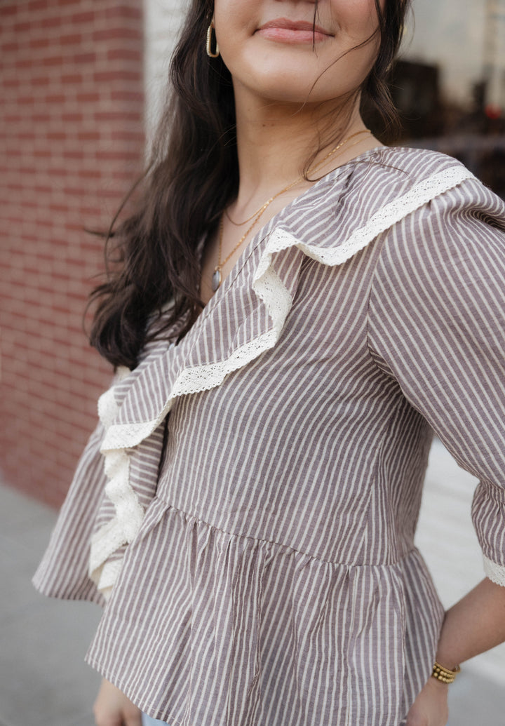 Striped V-Neck Quarter Sleeve Blouse