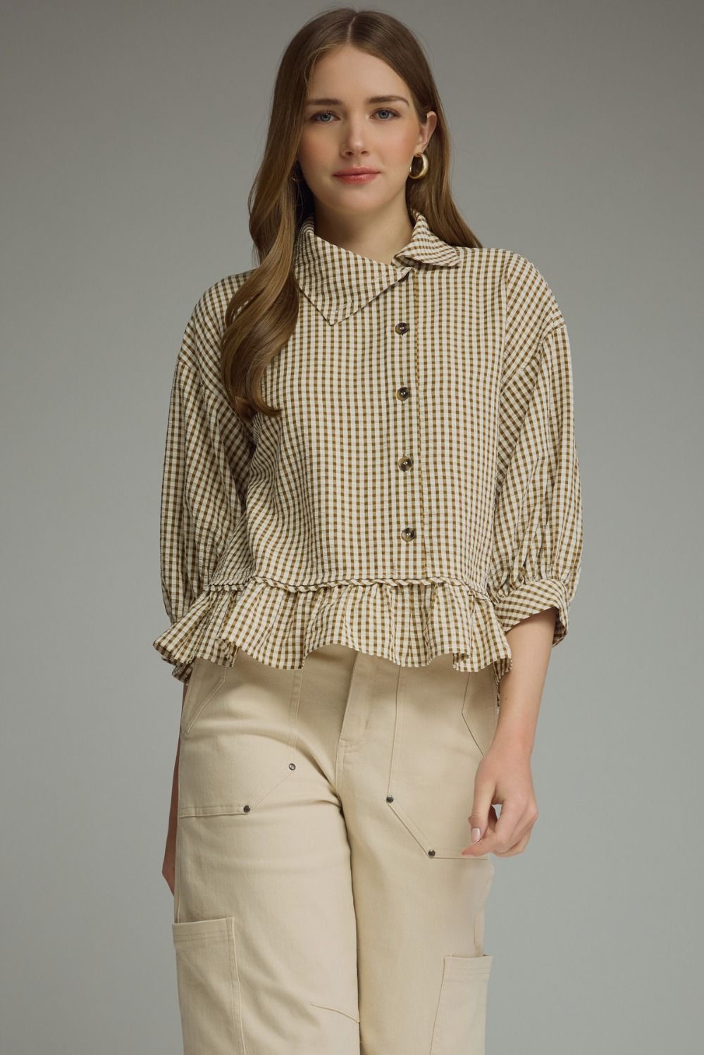 Gina Gingham Peplum Top- Cocoa