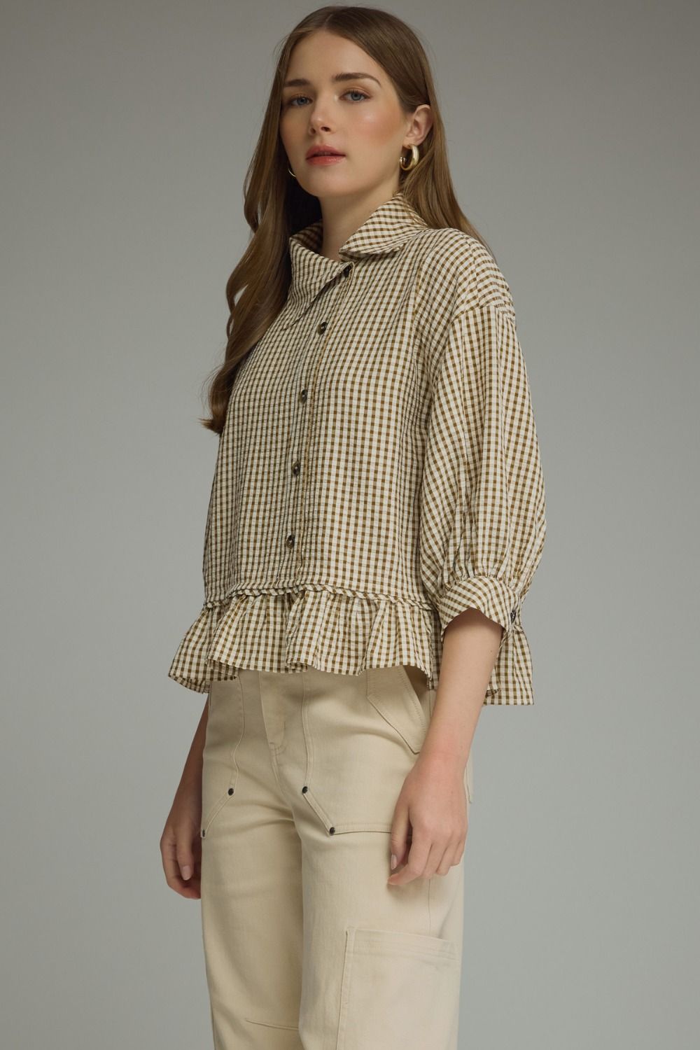 Gina Gingham Peplum Top- Cocoa
