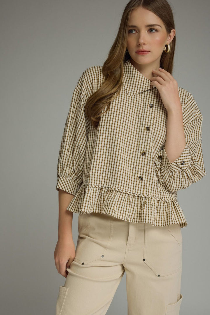 Gina Gingham Peplum Top- Cocoa