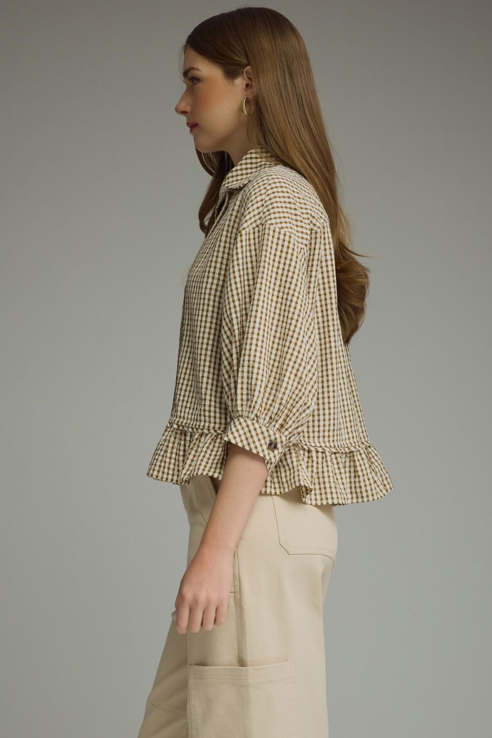 Gina Gingham Peplum Top- Cocoa