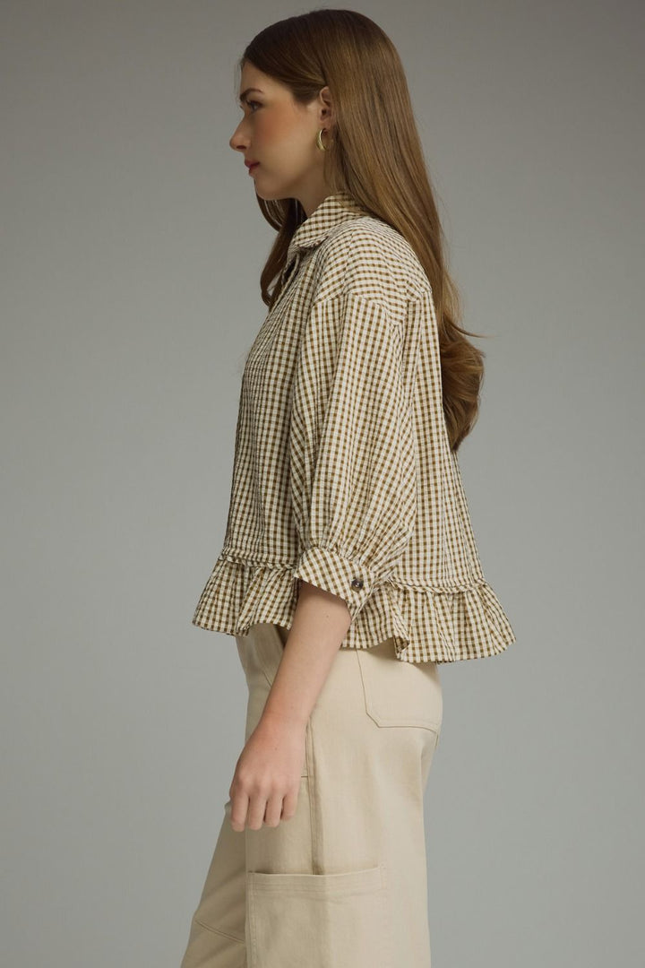 Gina Gingham Peplum Top- Cocoa