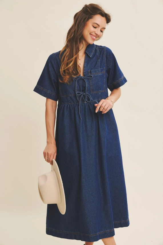 Denim Washed Baby doll Midi Dress