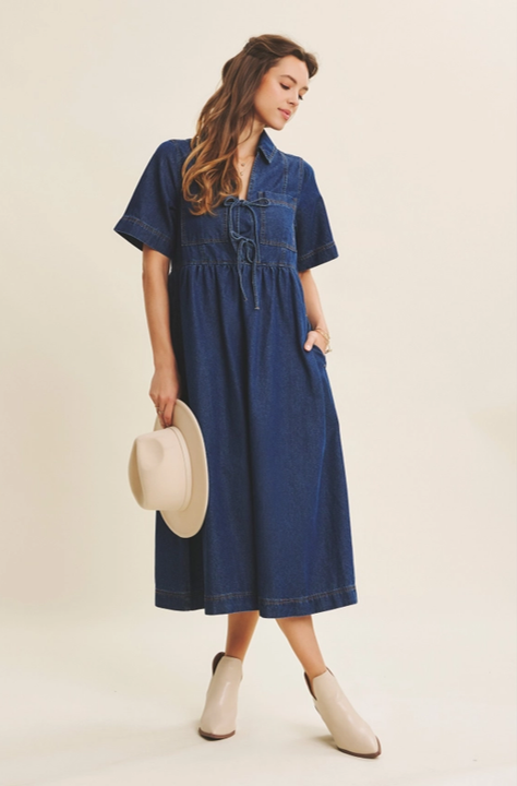 Denim Washed Baby doll Midi Dress