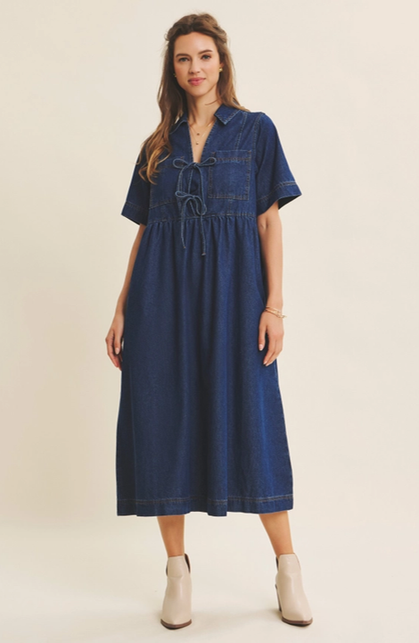 Denim Washed Baby doll Midi Dress