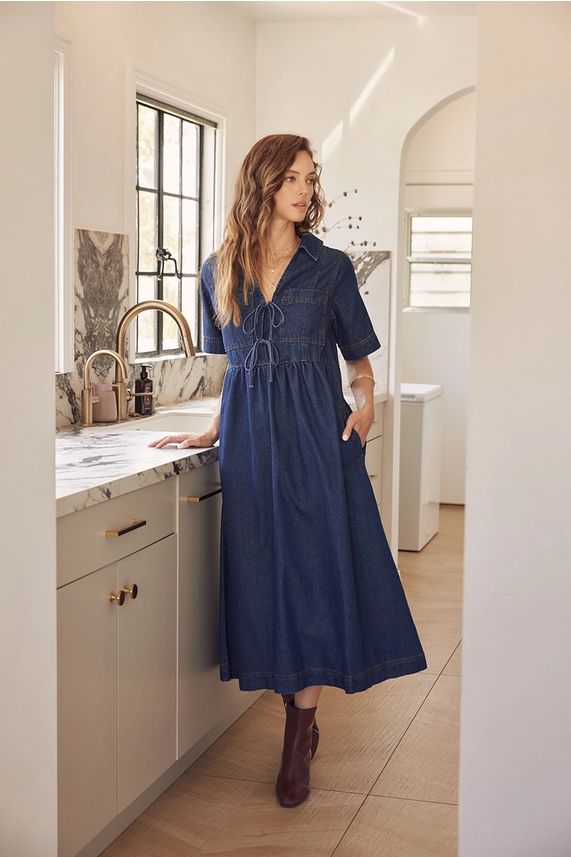 Denim Washed Baby doll Midi Dress