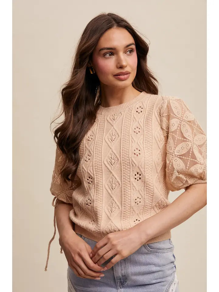 Eyelet Puff Sleeve Knit Sweater Top