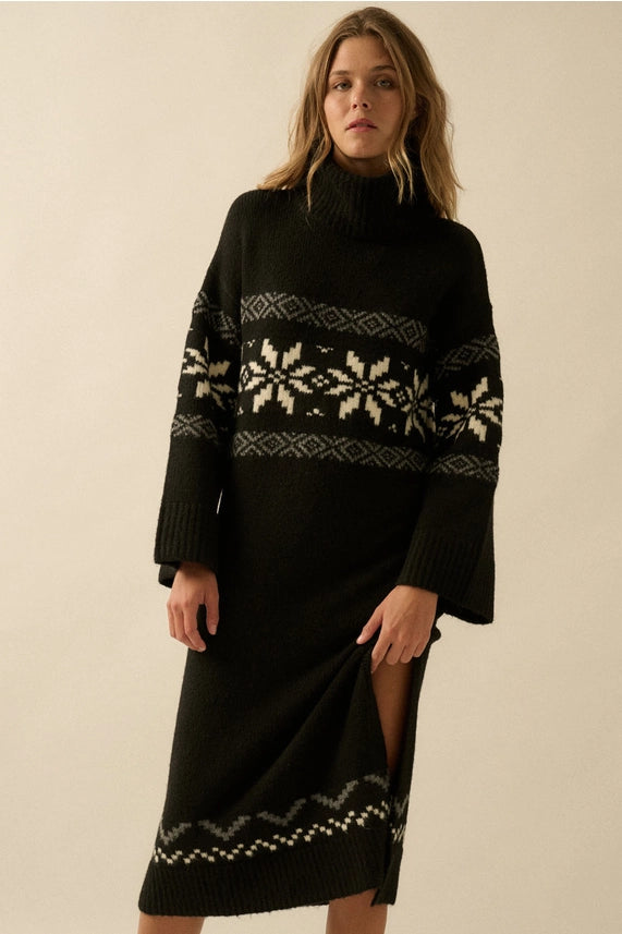 Black Alpine Snowflake Knit Cowl-Neck Sweater Dress