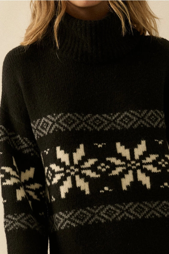 Black Alpine Snowflake Knit Cowl-Neck Sweater Dress