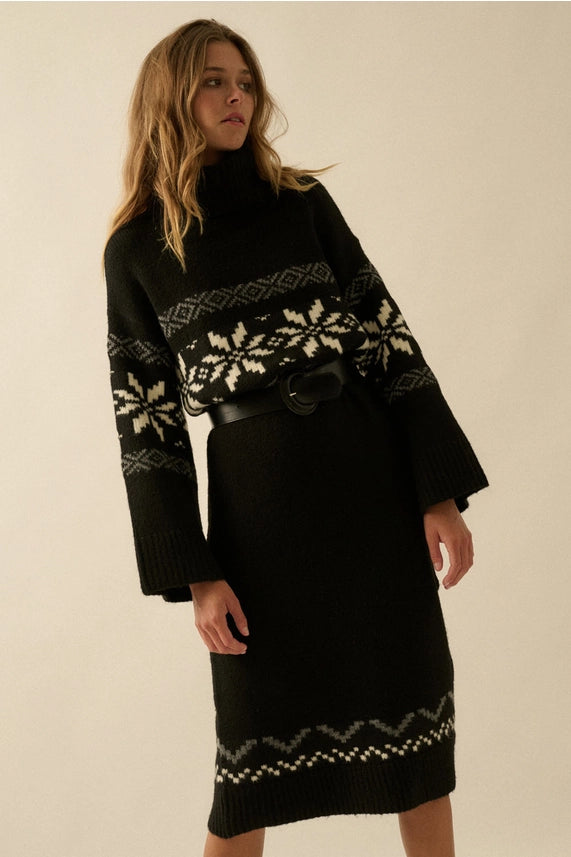 Black Alpine Snowflake Knit Cowl-Neck Sweater Dress