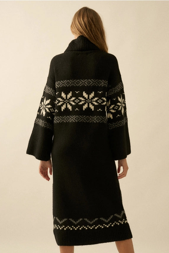 Black Alpine Snowflake Knit Cowl-Neck Sweater Dress