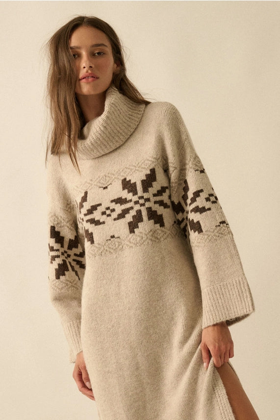 Oatmeal Alpine Snowflake Knit Cowl-Neck Sweater Dress