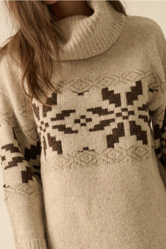 Oatmeal Alpine Snowflake Knit Cowl-Neck Sweater Dress