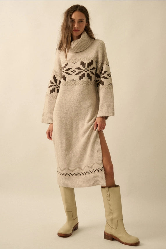 Oatmeal Alpine Snowflake Knit Cowl-Neck Sweater Dress