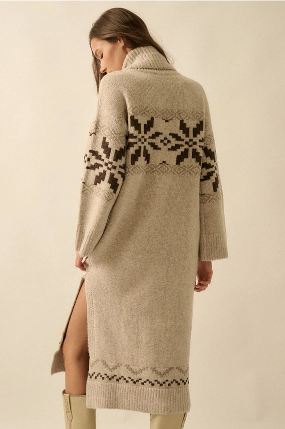 Oatmeal Alpine Snowflake Knit Cowl-Neck Sweater Dress