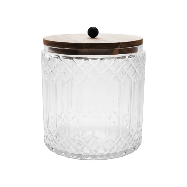 Diamond Cut Glass Jar w/ Acacia Lid