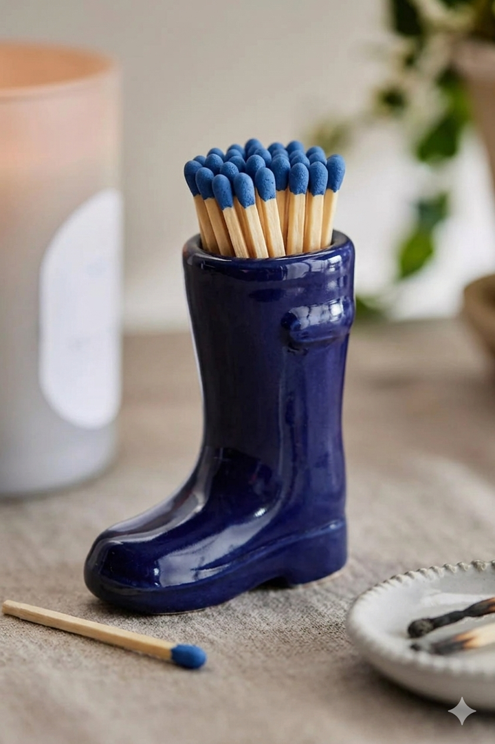 Wellington Boot Match Holder Navy Ceramic