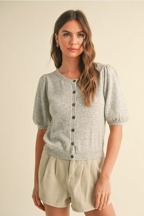 Puff Short Sleeve Button Down Knit Cardigan