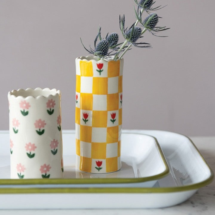 Scalloped Check & Floral Vase