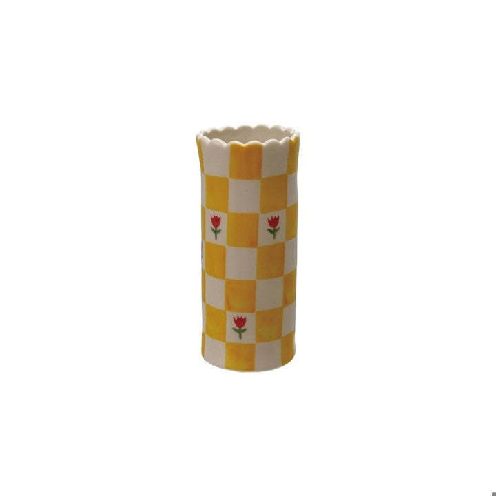 Scalloped Check & Floral Vase