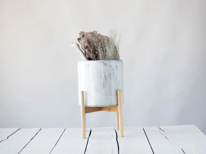 Stoneware Planter with Wood Stand