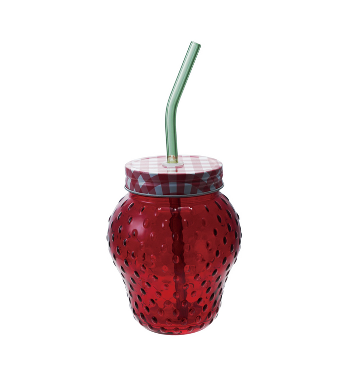 Strawberry Shaped Glass with Lid & Straw
