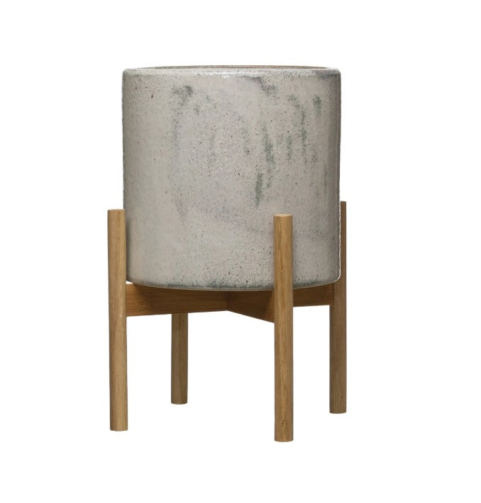 Stoneware Planter with Wood Stand